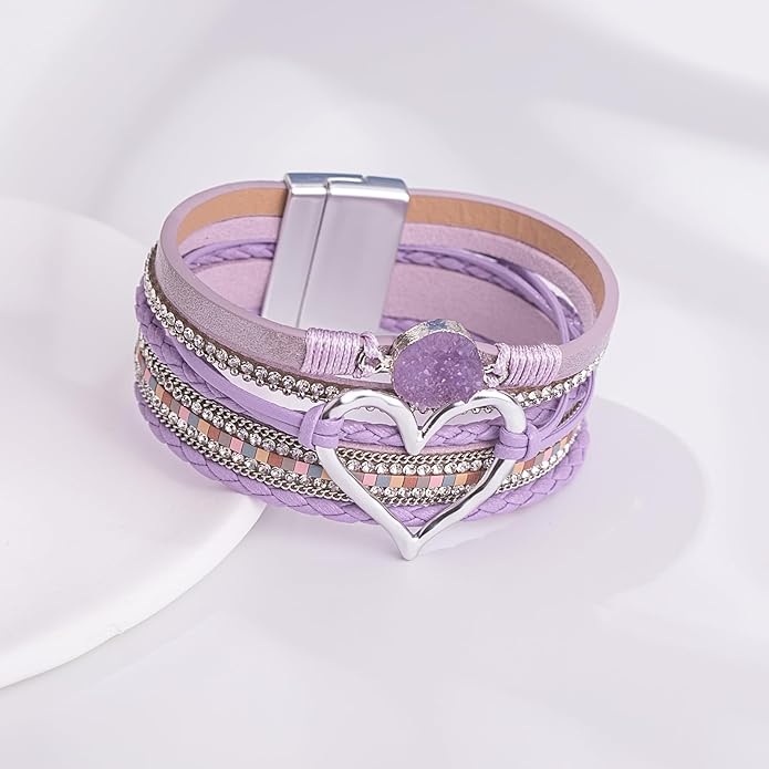 FANCY SHINY Heart Leather Wrap Bracelets Stackable Boho Cuff Bangles Trendy Resin Stone Rhinestone Bracelets with Magnetic Clasp for Women
