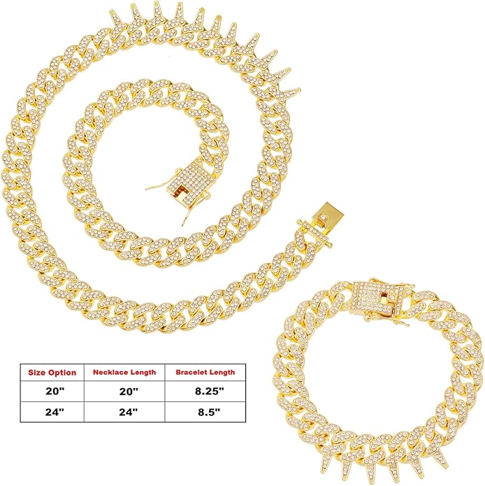 HH BLING EMPIRE Mens Gold Silver Plated Spike Cuban Link Chain Necklace and Bracelet Sets, Chunky Iced Out Diamond Miami Cuban Link Chains Hip Hop Jewelry
