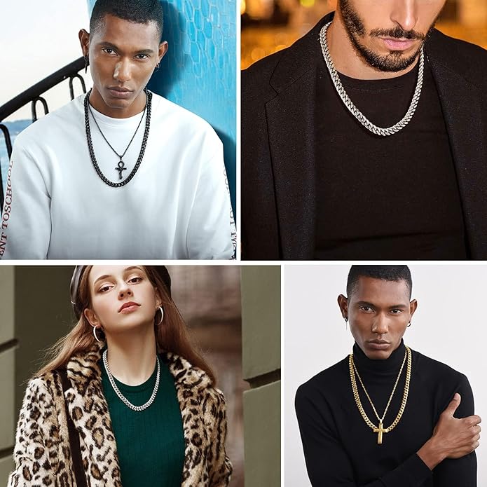 PROSTEEL 316L Stainless Steel Figaro Cuban Chain Necklace for Men, Black/18K Real Gold Plated, 4/5/6/7.5/9/10/13mm, 14inch-30inch, Come with Box