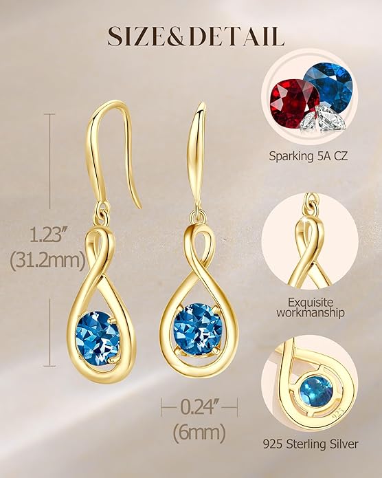 FANCIME Dangle Drop Earrings 925 Sterling Silver Dainty Infinity Round Gemstone Birthstone Jewelry Birthday Gifts for Her Women