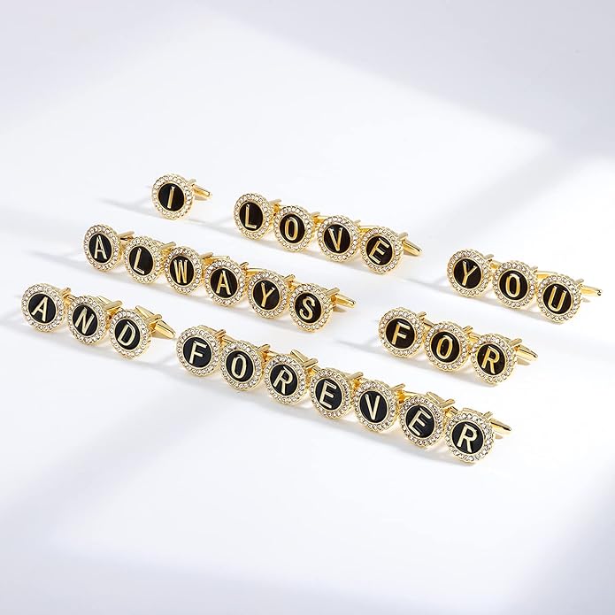 HAWSON A-Z Initial Cufflinks for Men and Women with Clear Crystal, Gold Silver Color Rasied Letter A-Z Cuff Links for French Shirt, Gift for Normal and Business Wearing
