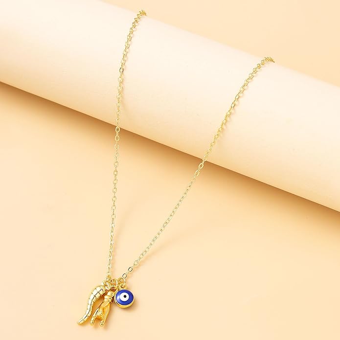 Dainty Blue Evil Eye Charm Horn Pendant Necklace for Women's Spiritual Protection Jewelry 14K Gold Plated