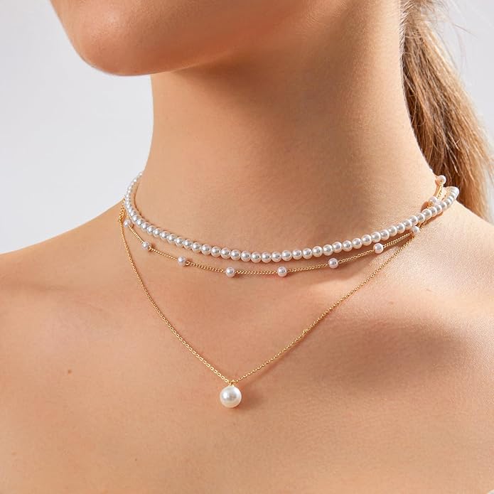 Zeffy Gold Pearl Necklace for Women, Dainty 14K Gold/Silve Plated Layered Pearl Choker Pearl Earrings Pearl Bracelets Wedding Trendy Gold Jewelry Set for Women Gifts