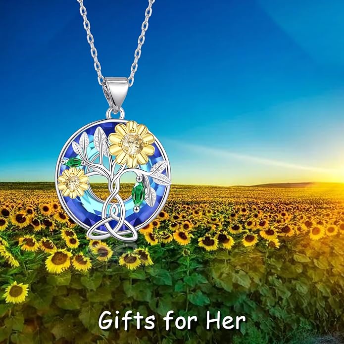 Tree of Life Pendnat Sunflower/Celtic Necklace with Blue Crystal Tree Jewelry Gifts for Women