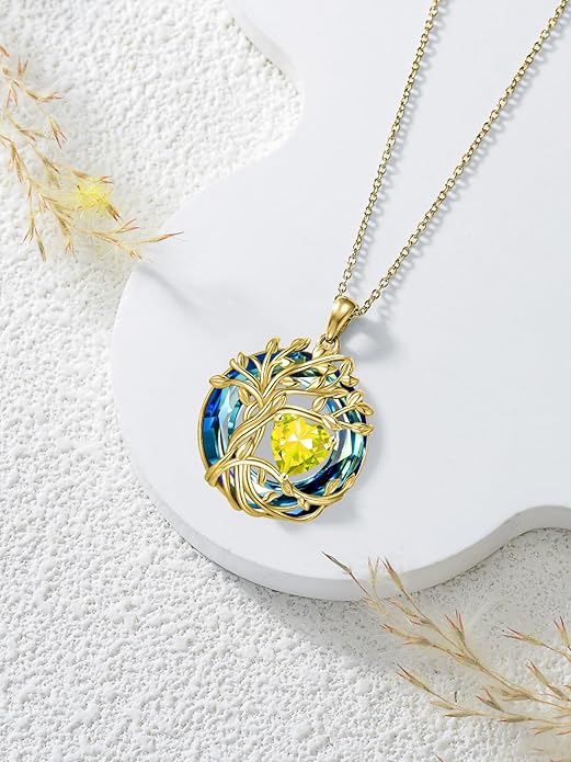 TOUPOP Christmas Gifts Tree of Life Birthstone Necklace 925 Sterling Silver Pendant Austrian Crystal Jewelry Anniversary Birthday Gifts for Women Mom Her Wife