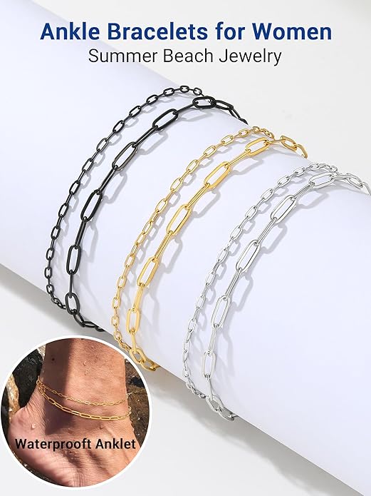 PROSTEEL Stainless Steel Chain Anklets for Women, Silver/Gold Tone, Ankle Bracelets Hypoallergenic, 8-10.5 Inch Adjustable, Come with Box