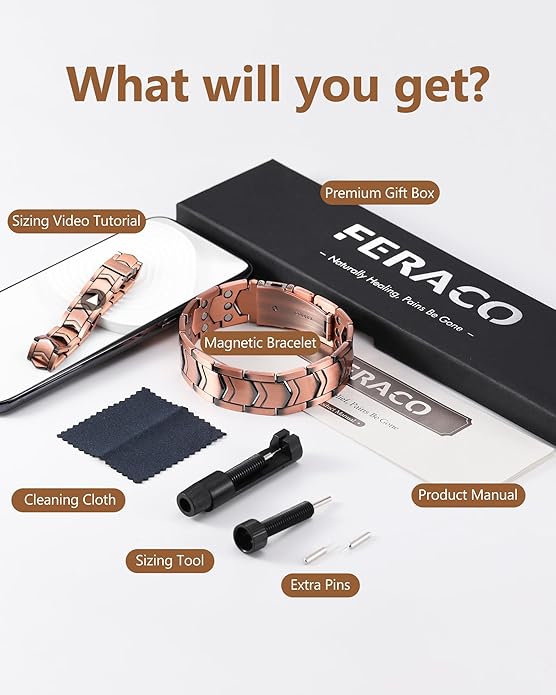 Feraco Copper Bracelet for Men 3X Strength,Magnetic Therapy Bracelet Copper Jewelry with Powerful 3800 Gauss Magnets,Premium Fold-Over Clasp