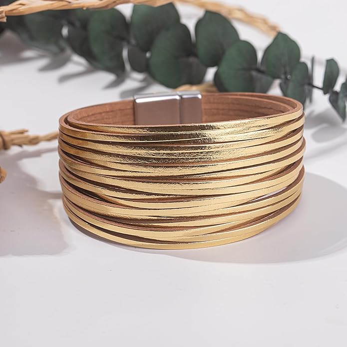 FANCY SHINY Boho Leather Wrap Bracelet Stackable Layered Bangle Cuff with Magnetic Clasp