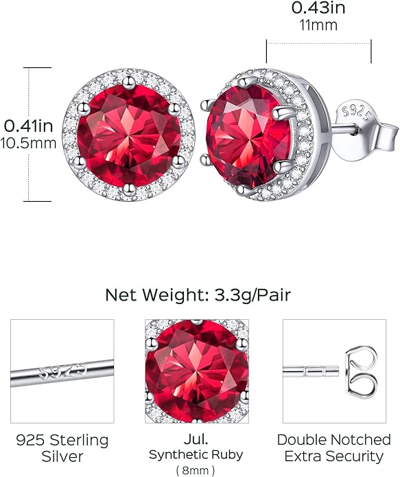 ChicSilver 925 Sterling Silver Birthstone Earrings for Women, 8MM/2 Carat Heart & Round Cubic Zirconia Stud Earrings, Hypoallergenic Jewelry, Ideal Birthday or Christmas Gifts