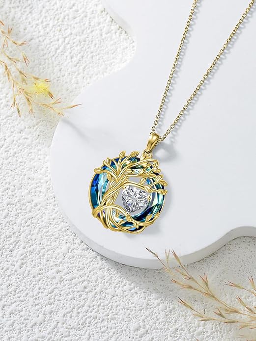 TOUPOP Christmas Gifts Tree of Life Birthstone Necklace 925 Sterling Silver Pendant Austrian Crystal Jewelry Anniversary Birthday Gifts for Women Mom Her Wife