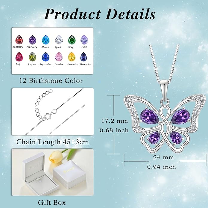 Butterfly Necklace 925 Sterling Silver Cubic Zirconia Birthstone Jewelry Gifts for Women Wife Mother