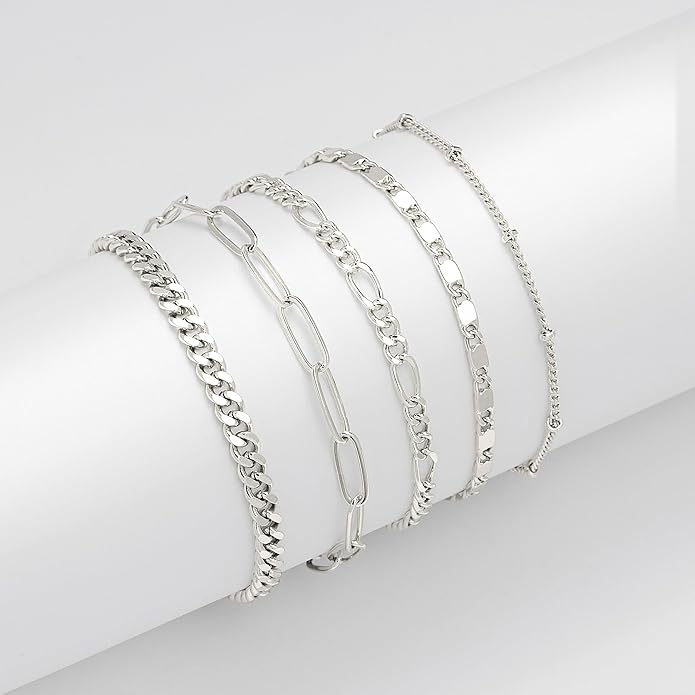 Gold Bracelets for Women Trendy,14K Gold Plated Dainty Stackable Paperclip Cuban Link Chain Bracelets, Simple Cute Cuff Bracelets Jewelry Set Adjustable 7"+2"