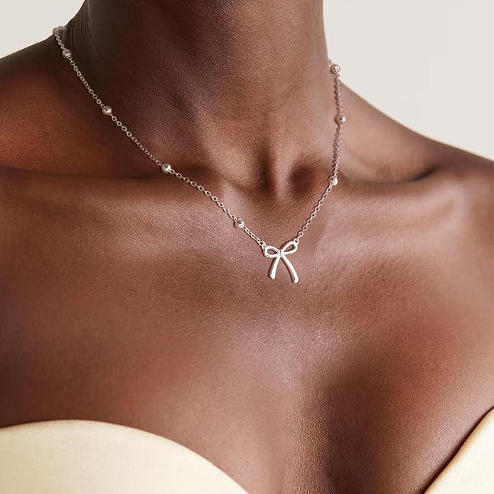 Gold Necklace for Women Dainty Bow Necklace 14K Gold Plated Cute Choker Necklace Small Bow Pendant Charm Necklaces Teen Gift Trendy Stuff Personalized Jewelry Gifts
