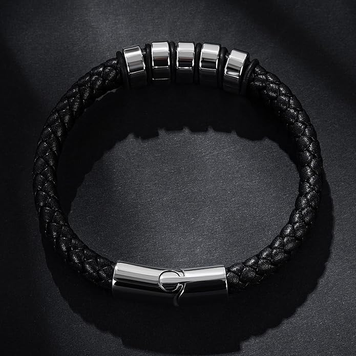 Leather Bracelet for Men Braided Cuff Wristband Stainless Steel Clasp in Silver and Gold Jewellery Gift