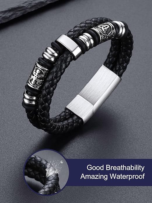 Bandmax Mens Black Double Wax Rope Cuff Bracelets Waterproof Stainless Steel Norse Style Celtic Knot Beads Bracelet Wristband Gift for Men