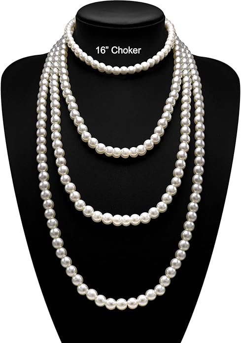 Long Pearl Necklaces for Women Cream White Faux Pearl Strand Layered Necklace Costume Jewelry