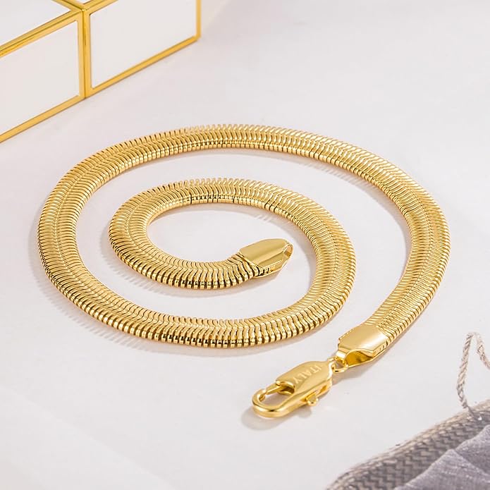 Dankadi Men 925 Sterling Silver Necklace Italian 6MM-8MM Flexible Flat Snake Chain Choker 16-30 Inch 24K Gold plated Fine Jewelry Gifts for Women