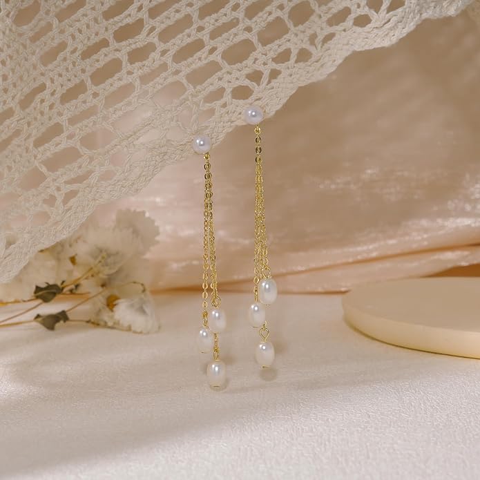 Gold Earrings for Women, 14K Gold Plated Tassel Dangle Earrings for Women Trendy Hypoallergenic Long Chain Earring Dainty Pearl Drop Earrings Elegant Wedding Earring Fashion Jewelry for Womens