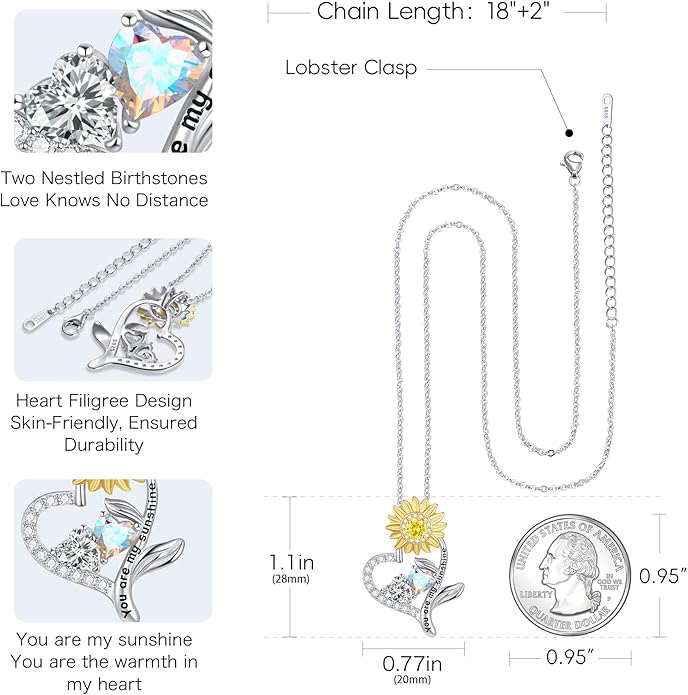PERJI Valentine's Day Gifts for Women - 925 Sterling Silver Double Birthstone Sunflower Necklace, Anniversary Birthday Jewelry You are My Sunshine Gifts for Wife Couple Girlfriend 18"+2" Non Tarnish