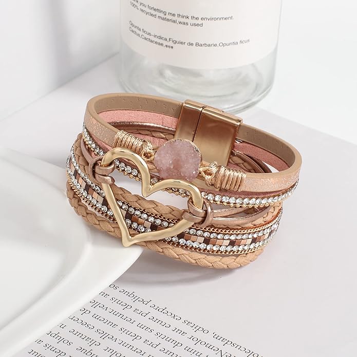 Leather Wrap Bracelet for Women Beaded Cuff Bracelet with Heart-shape Decor Bohemian Crystal Bracelet Jewelry with Clasp Bangle Bracelet for Women Girls Birthday Holiday Gift