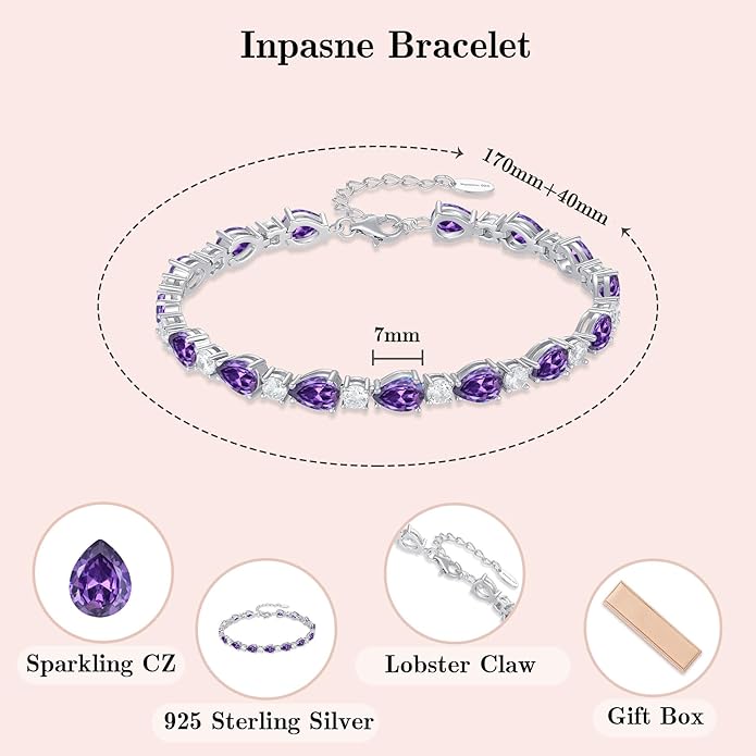 Birthstone Tennis Bracelet for Women 925 Sterling Silver Pear Shaped Gemstone Jewelry Gifts for Her