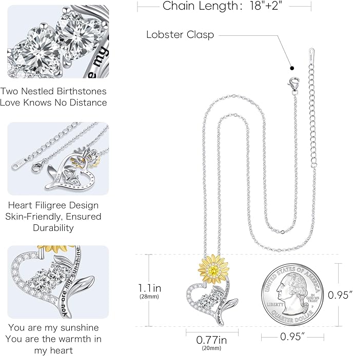 PERJI Valentine's Day Gifts for Women - 925 Sterling Silver Double Birthstone Sunflower Necklace, Anniversary Birthday Jewelry You are My Sunshine Gifts for Wife Couple Girlfriend 18"+2" Non Tarnish