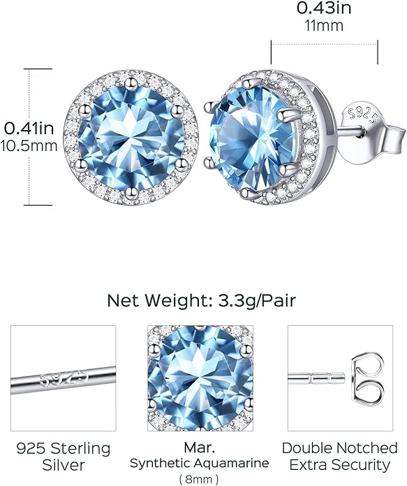 ChicSilver 925 Sterling Silver Birthstone Earrings for Women, 8MM/2 Carat Heart & Round Cubic Zirconia Stud Earrings, Hypoallergenic Jewelry, Ideal Birthday or Christmas Gifts