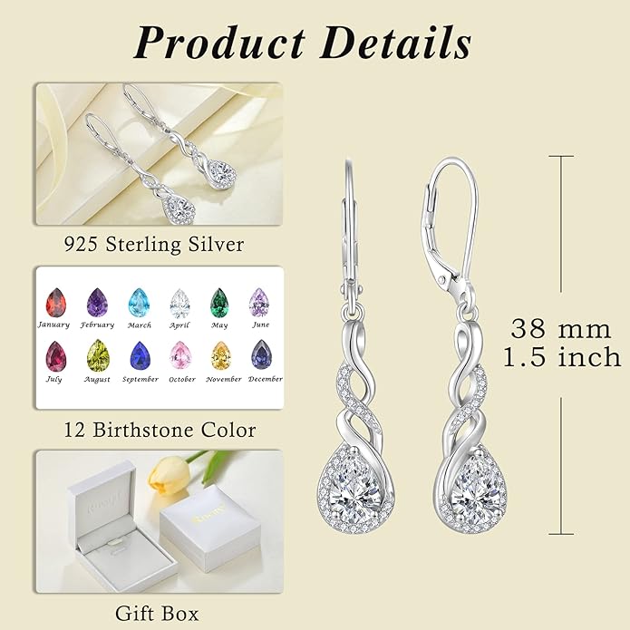 Infinity Dangle Drop Earrings for Women 925 Sterling Silver Teardrop Leverback Earrings Birthstone Jewelry Gifts for Women Wife Girlfriend Mother Daughter Her