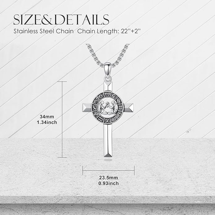 MEIDERBO Cross Zodiac Necklace 925 Sterling Silver 12 Constellation Horoscope Astrology Pendant Necklace Zodiac Sign Jewelry Gifts for Men Women