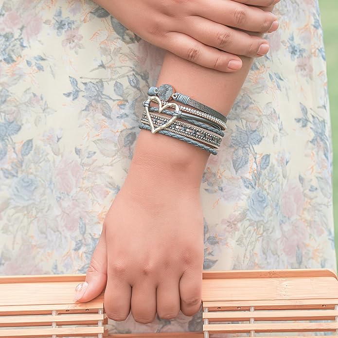 FANCY SHINY Heart Leather Wrap Bracelets Stackable Boho Cuff Bangles Trendy Resin Stone Rhinestone Bracelets with Magnetic Clasp for Women