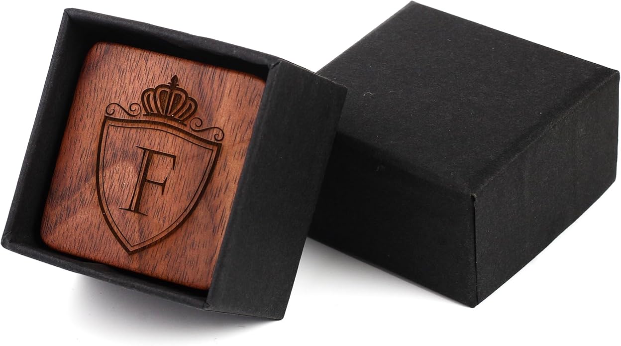 Mens Initial Silver Cufflinks A-Z Alphabet Letter Steel Cuff Links with Engraved Walnut Wood Box Groom Groomsman Wedding Set…
