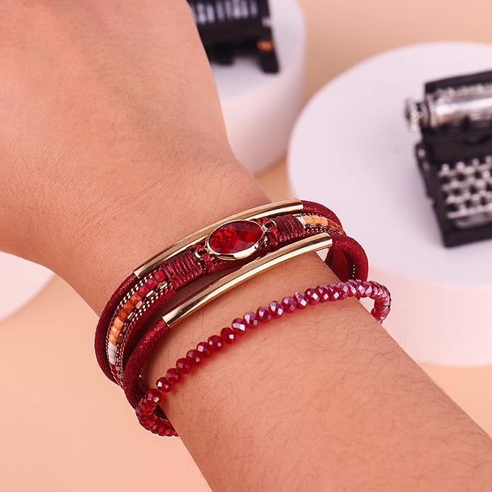 FANCY SHINY Leather Wrap Bracelets Crystal Beads Bracelet Boho Cuff Stone Charm Bracelets with Clasp Costume Jewelry for Women