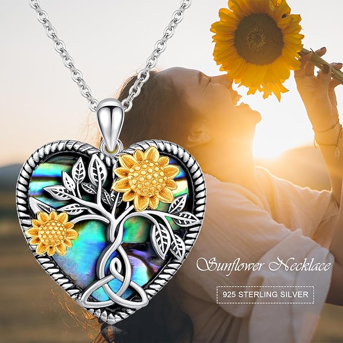 CHENGHONG Sunflower Necklace 925 Sterling Silver Tree of Life Necklace Daisy/Rose/Sunflower Pendant Necklace Sunflower Jewelry Gifts for Women Mom