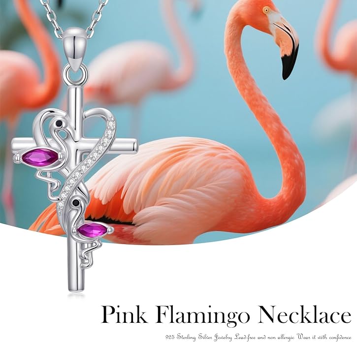 JUSTKIDSTOY Flamingo Necklace 925 Sterling Silver Animal Pendant with Cubic Zirconia Flamingo Bird Necklace Gifts for Women Wife Girlfriend