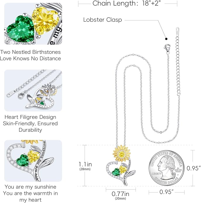 PERJI Valentine's Day Gifts for Women - 925 Sterling Silver Double Birthstone Sunflower Necklace, Anniversary Birthday Jewelry You are My Sunshine Gifts for Wife Couple Girlfriend 18"+2" Non Tarnish