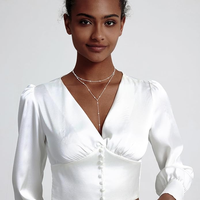 Zeffy Lariat Gold Necklace for Women, Dainty Long Necklace 14k Gold/Silver Plated Layered CZ Beaded Bar Chain Y-Shaped Body Chain Stack Drop Wedding Necklace Trendy Simple Gold Jewelry Gifts