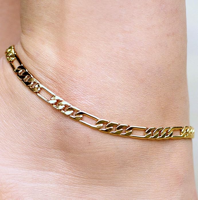 LIFETIME JEWELRY Womens Gold Anklet 5mm Figaro Chain Ankle Bracelet 24k Real Gold Plated