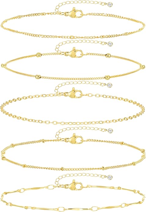 iF YOU Gold Ankle Bracelets for Women, 14k Gold Plated Waterproof Cuban Link Chain Anklets Set, Layered Anklet Bracelets for Women Beach Gift Adjustable Size 5pc
