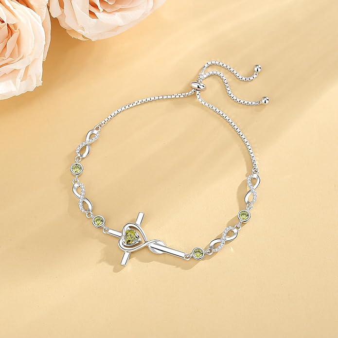 FANCIME Gift for Women Cross Bracelet 925 Sterling Silver Heart Birthstone Bracelet Fine Jewelry Birthday Gifts for Her Women