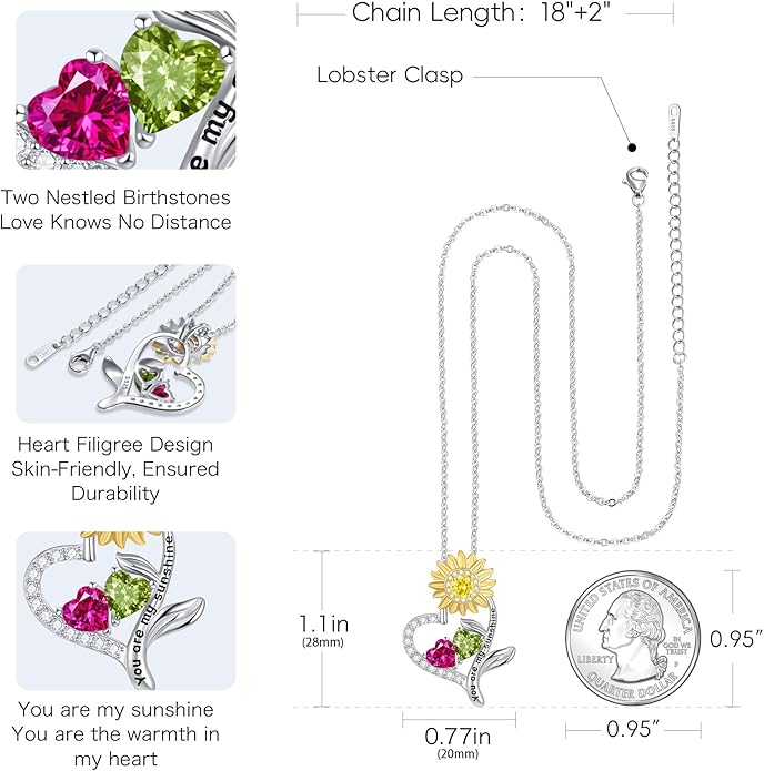 PERJI Valentine's Day Gifts for Women - 925 Sterling Silver Double Birthstone Sunflower Necklace, Anniversary Birthday Jewelry You are My Sunshine Gifts for Wife Couple Girlfriend 18"+2" Non Tarnish