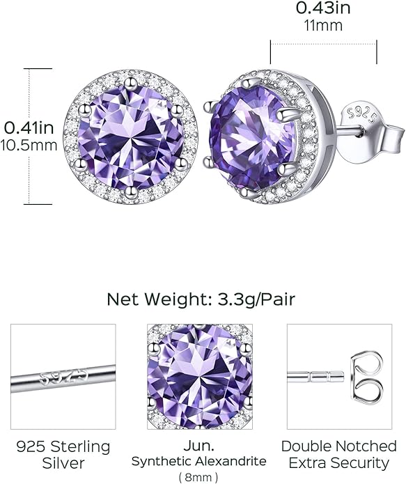 ChicSilver 925 Sterling Silver Birthstone Earrings for Women, 8MM/2 Carat Heart & Round Cubic Zirconia Stud Earrings, Hypoallergenic Jewelry, Ideal Birthday or Christmas Gifts