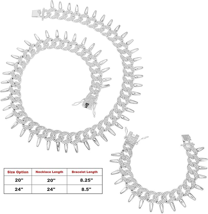 HH BLING EMPIRE Mens Gold Silver Plated Spike Cuban Link Chain Necklace and Bracelet Sets, Chunky Iced Out Diamond Miami Cuban Link Chains Hip Hop Jewelry