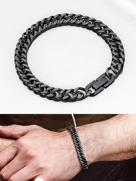 8/12/17mm Wide Cuban Link Bracelet for Men Father Gift 18K Gold/Black Plated Stainless Steel Bracelets 7.4-9 Inches(Gift Wrapped)