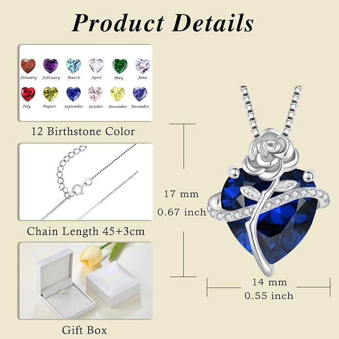 Birthstone Necklace for Women 925 Sterling Silver Love Heart Rose Flower Necklace Dainty Jewelry Gifts for Women Wife Girlfriend Mother Daughter Her