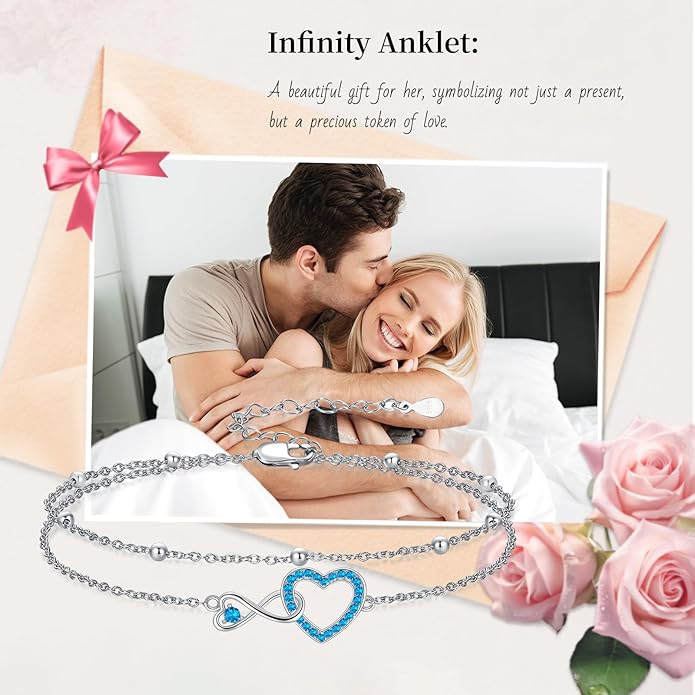 Anklet for Women 925 Sterling Silver Double Infinity Ankle Bracelet Waterproof Summer Jewelry Anniversary Birthday Gifts for Her