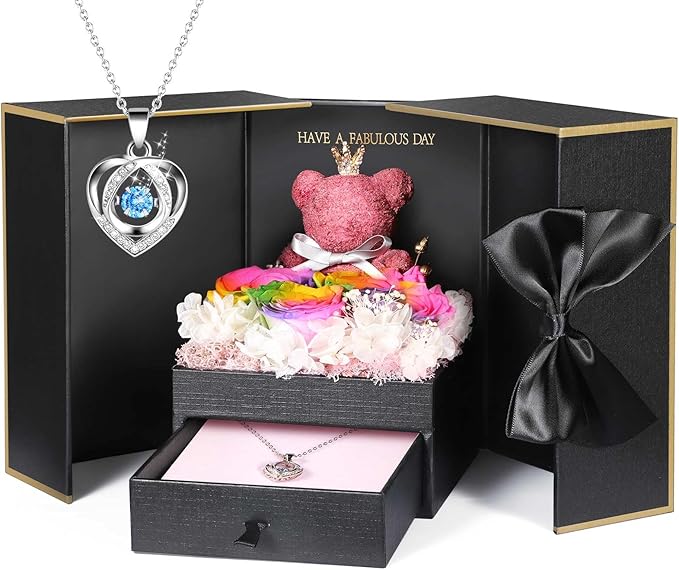ADDWel Preserved Rose Gifts for Her, Forever Real Rainbow Flowers with Sterling Silver Necklace for Wife Girlfriend Mom on Birthday Anniversary