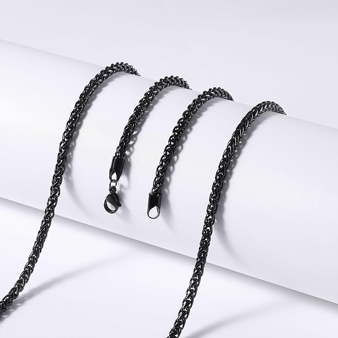 Fiusem Black Wheat Chains for Men and Women, 2/2.5/3/4/5mm Stainless Steel Necklace Chain, Mens Necklace Jewelry Gift 16-28 Inch