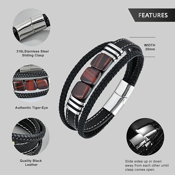 STARCHENIE Multi Strand Bracelet for Men Square Authentic Tiger Eye Black Braided Leather Mens Bracelet and Stainless Steel Buckle