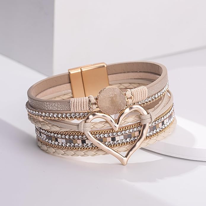 FANCY SHINY Heart Leather Wrap Bracelets Stackable Boho Cuff Bangles Trendy Resin Stone Rhinestone Bracelets with Magnetic Clasp for Women