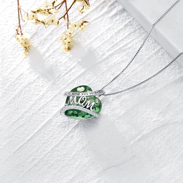 Mothers Day Gifts for Mom s925 Sterling Silver I Love You Forever Love Hear Mon Pendant Necklace with 12 Birthstone Jewelry Birthday Christmas Gifts for Women Grandma Mom Nana From Duaghter Son